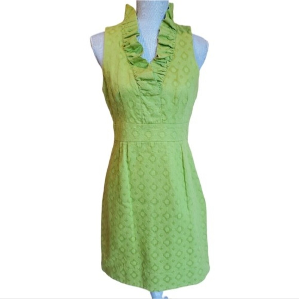 R&K Originals Lime Green Brocade Sleeveless Ruffle Neck Vintage Dress Size 8